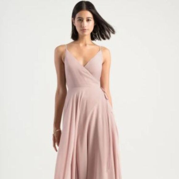 Jenny Yoo Floor-Length Wrap Dress in Dusty Pink with Dainty Floral Print - Picture 2 of 6